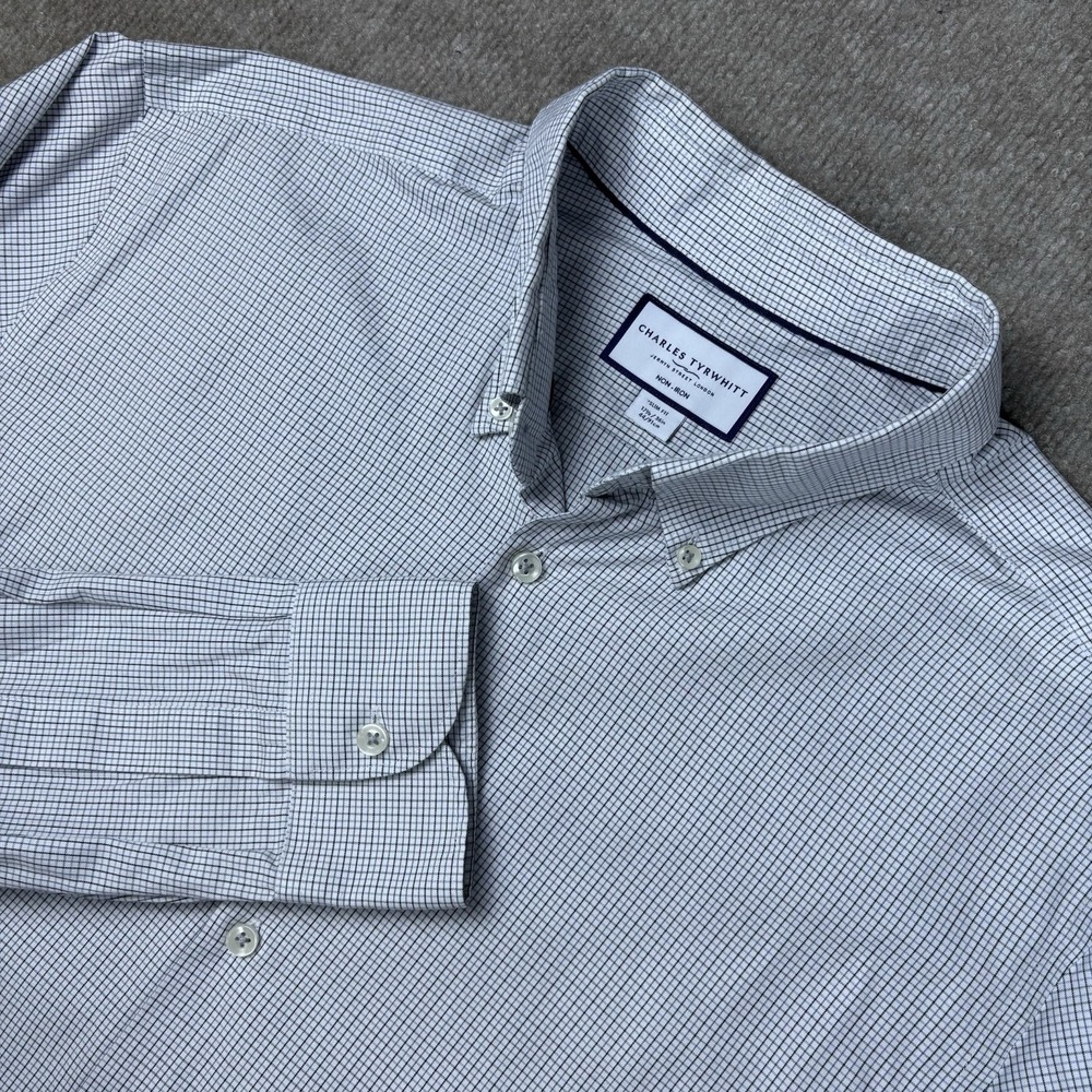 Charles Tyrwhitt Non-Iron Slim Fit Dress Shirt Blue Check 17.5 36 Button Down